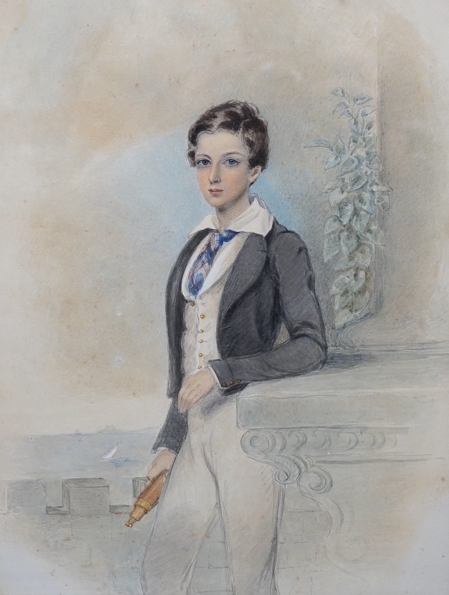 Victorian School, watercolour, Portrait of a mid-shipman, 34 x 25cm